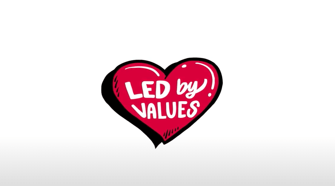 Animation from Alsco - A red heart with the text, "Led by Values".