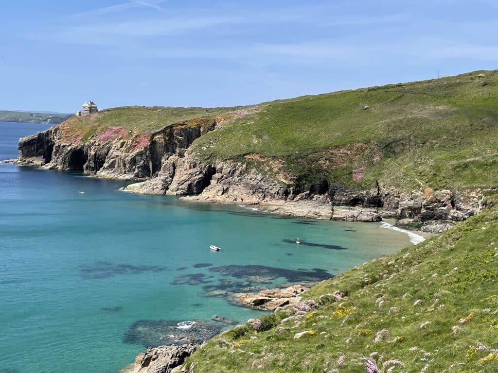 A picture taken by Claire of the stunning coastline of Prussia Cove, Cornwall. To the left, clear turquoise water meets the steep cliff edge. The coastline is covered in green grass and pink flowers.