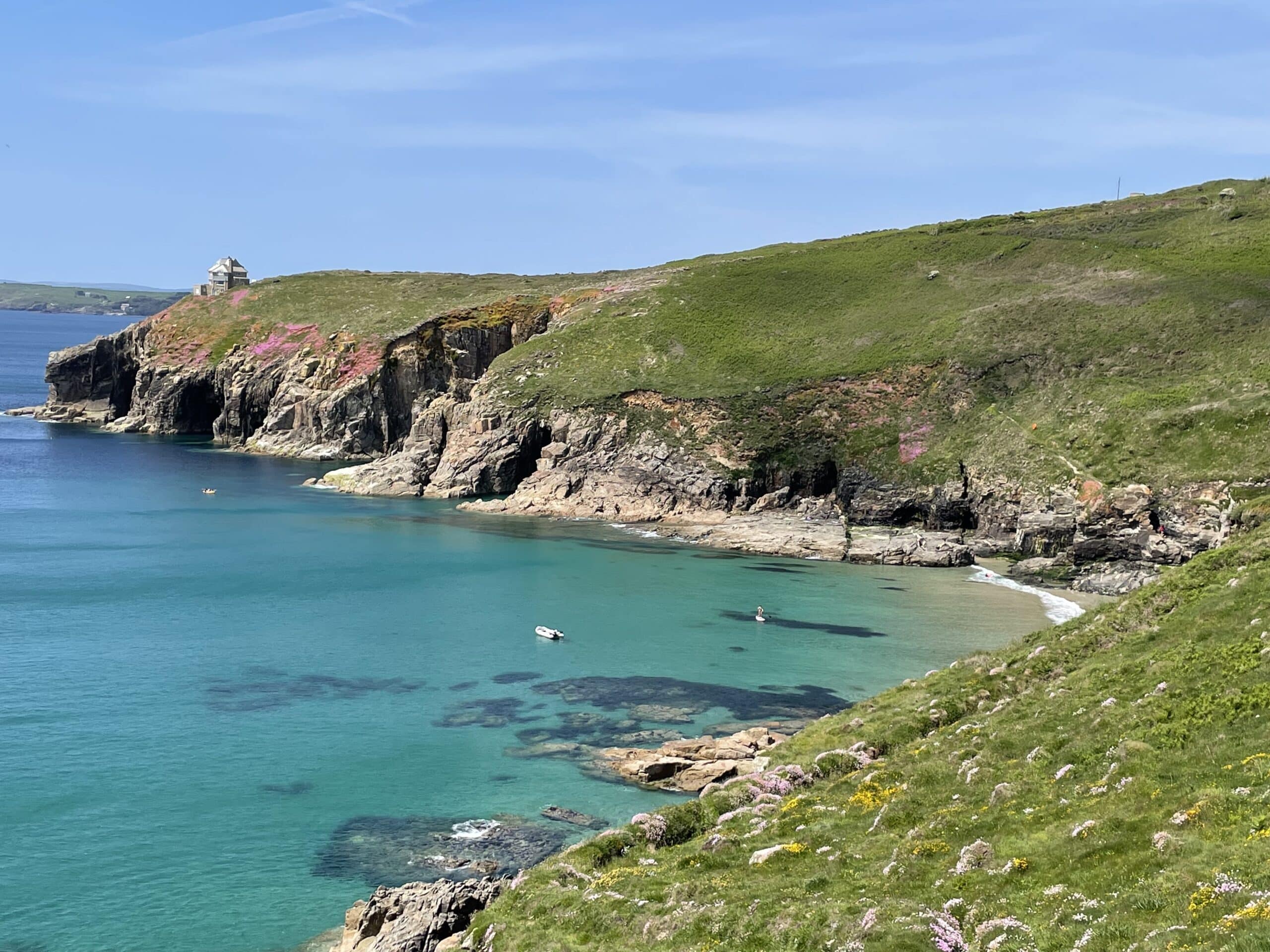 A picture taken by Claire of the stunning coastline of Prussia Cove, Cornwall. To the left, clear turquoise water meets the steep cliff edge. The coastline is covered in green grass and pink flowers.