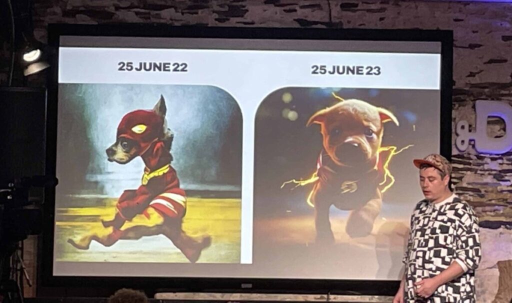 A image taken by Claire at The Do Lectures Festival of AI generated cartoons of a 'superhero puppy'.